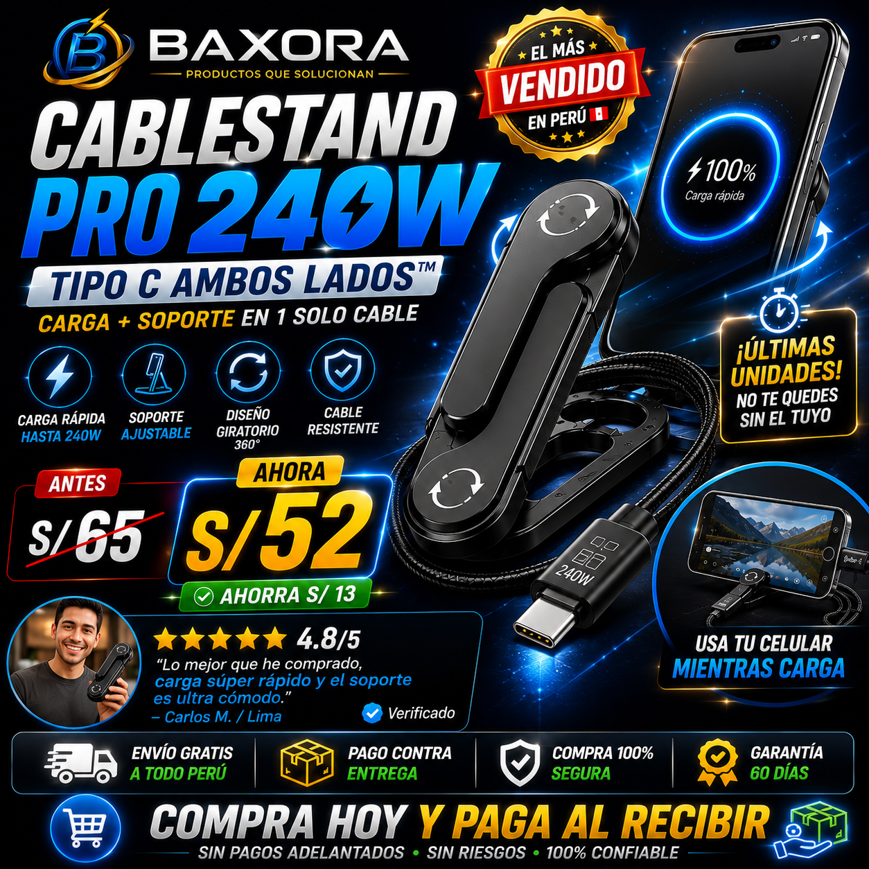 NUEVO CableStand Pro 240W Tipo C Ambos Lados™